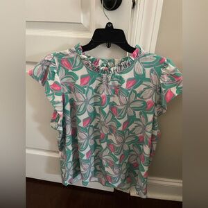 Girls' Floral Ruffle Neck Short Sleeve Top - Pink & Teal